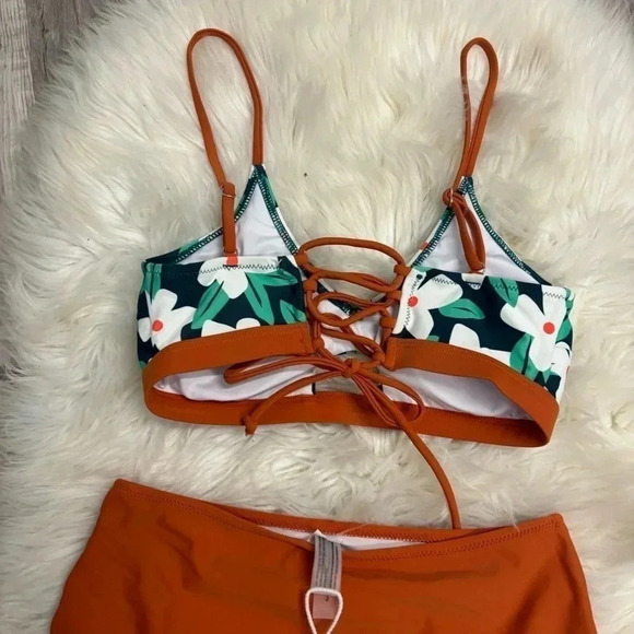 NWT cupshe orange teal green floral high waist bikini sz small - Picture 4 of 7